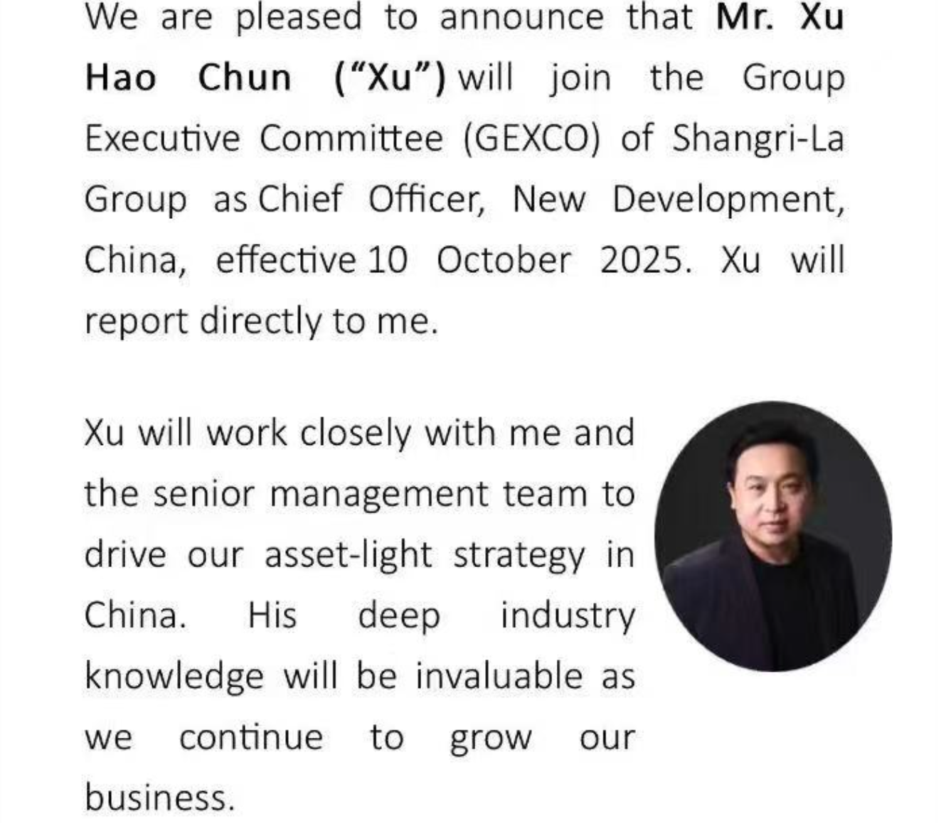 香格里拉任命徐皓淳为中国区首席发展官